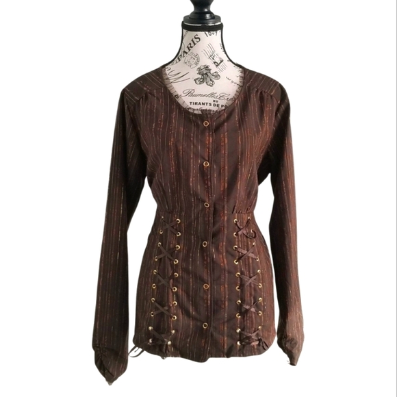 Tops - Brown and copper stripped steampunk blouse with side corset and mesh collar
